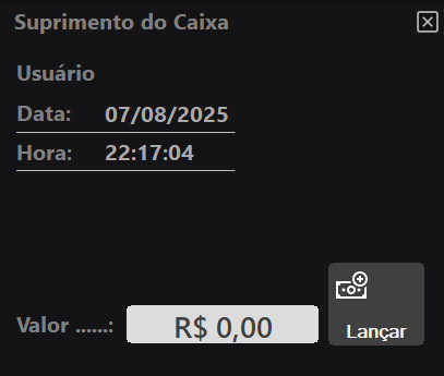 Tela de Suprimento no Caixa
